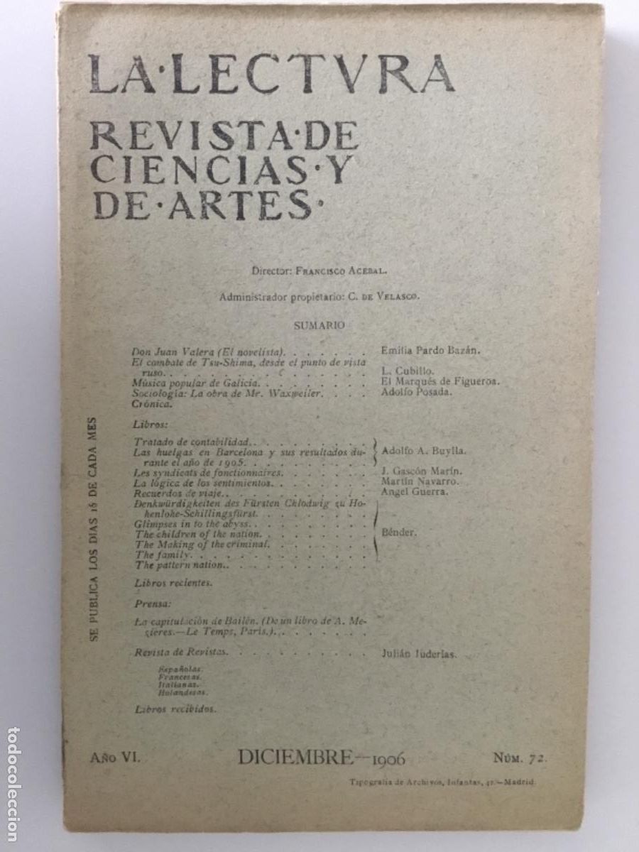 Coleccionismo de Revistas y Peri&oacute;dicos: LA LECTURA N&ordm;72 // 1906 // REVISTA DE CIENCIAS Y DE ARTES // JUAN VALERA, POR EMILIA PARDO BAZ&Aacute;N