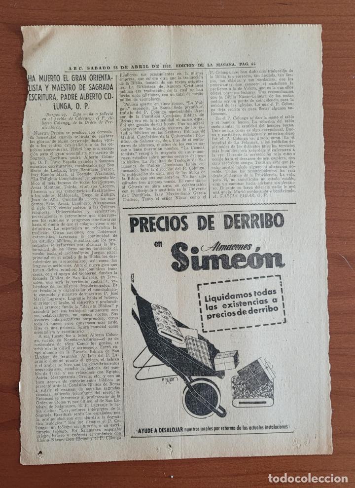 Coleccionismo de Revistas y Peri&oacute;dicos: Recorte ABC 28-4-62 Fallecimiento de Padre Alberto Colunga O.P.