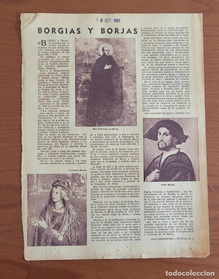 Coleccionismo de Revistas y Peri&oacute;dicos: Recorte ABC 8-10-61 Borgias y Borjas. San Francisco de Borja, Cesar Borgia, Lucrecia Borgia