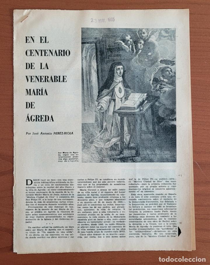 Coleccionismo de Revistas y Peri&oacute;dicos: Recortes ABC 23-5-65 Centenario Venerable Mar&iacute;a de &Aacute;greda, por Jos&eacute; Antonio P&eacute;rez-Rioja