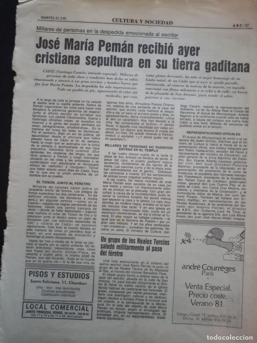 Coleccionismo de Revistas y Peri&oacute;dicos: DOSSIER MUERTE DE JOSE MARIA PEMAN. 13 PAGS. EXTRAIDO DE ABC JULIO 1981