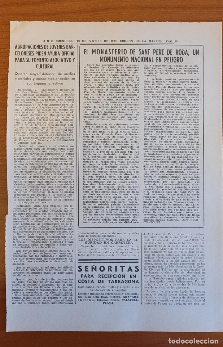 Coleccionismo de Revistas y Peri&oacute;dicos: Recorte ABC 18-4-72 Monasterio de Sant Pere de Roda en peligro