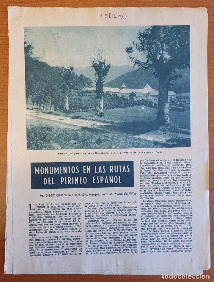 Coleccionismo de Revistas y Peri&oacute;dicos: Recortes ABC 18-12-60 Monumentos en el Pirineo espa&ntilde;ol. Colegiata Roncesvalles, Besal&uacute; y m&aacute;s