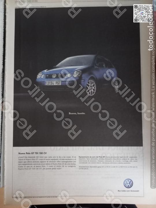 Coleccionismo de Revistas y Peri&oacute;dicos: ANTIGUO recorte tama&ntilde;o poster a3 polo volkswagen