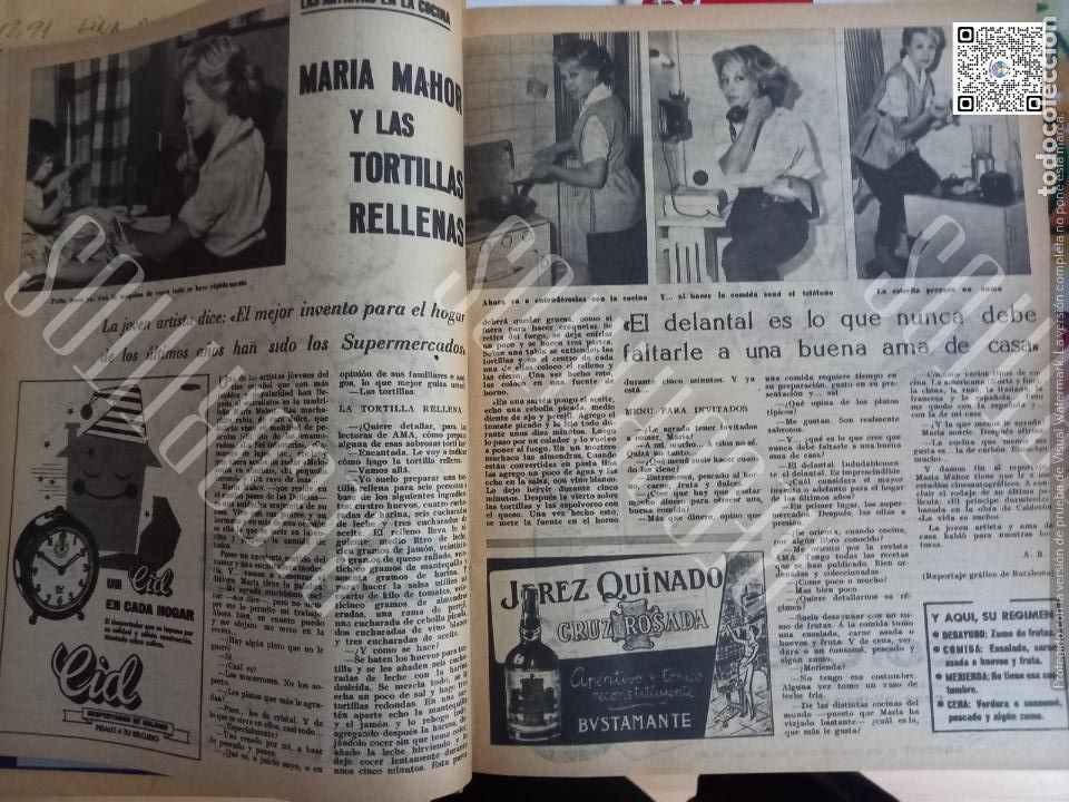Coleccionismo de Revistas y Peri&oacute;dicos: MARIA MAHOR 1960 anuncio publicidad JEREZ QUINADO QUINA RELOJ CID DESPERTADOR