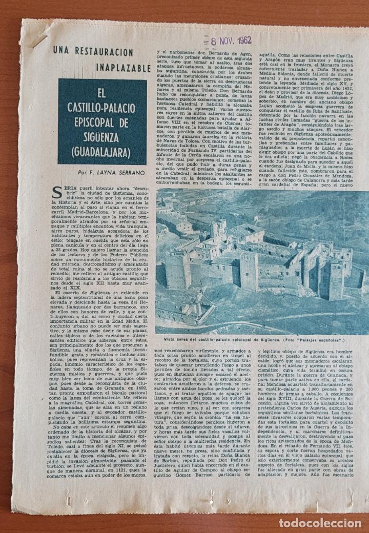 Coleccionismo de Revistas y Peri&oacute;dicos: Recorte ABC 8-11-62 El Castillo Palacio episcopal de Sig&uuml;enza. Una restauraci&oacute;n inaplazable (Parador