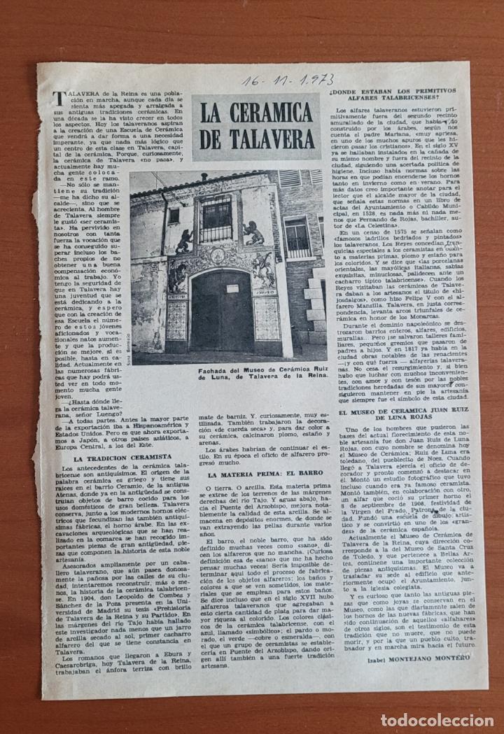 Coleccionismo de Revistas y Peri&oacute;dicos: Recorte ABC 16-11-73 La cer&aacute;mica de Talavera de la Reina (Toledo) por Isabel Montejano Montero