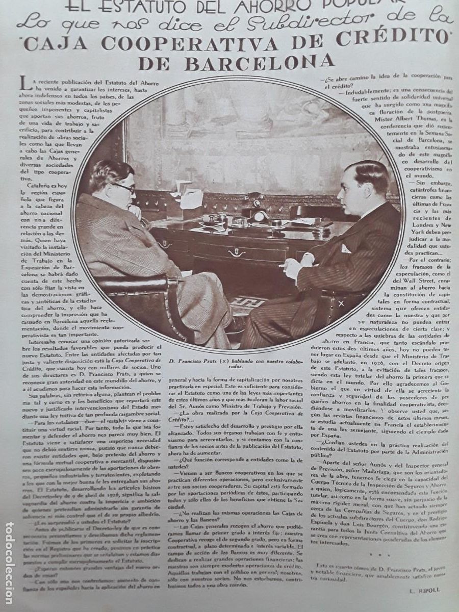 Colecionismo de Revistas e Jornais: CAJA COOPERATIVA DE CREDITO DE BARCELONA FRANCISCO PRATS SUBDIRECTOR HOJA REVISTA A&Ntilde;O 1929