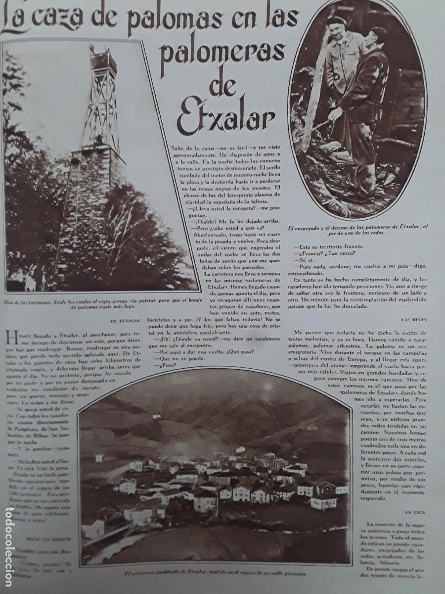 Collezionismo di Riviste e Giornali: LA CAZA DE PALOMAS EN LAS PALOMERAS DE ETXALAR HOJA A&Ntilde;O 1929