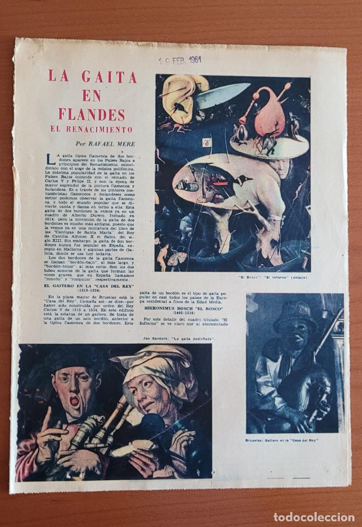 Coleccionismo de Revistas y Peri&oacute;dicos: Recortes ABC 19-2-61 La gaita en Flandes Recreaciones en pinturas cl&aacute;sicas de la gaita de 2 bordones