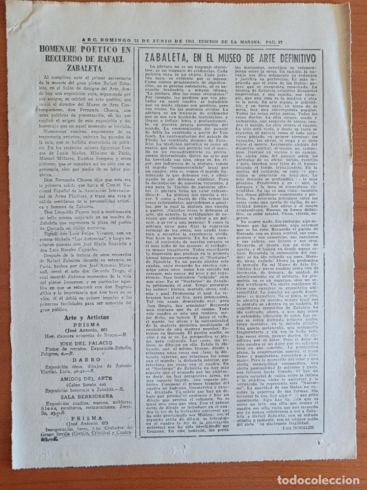 Coleccionismo de Revistas y Peri&oacute;dicos: Recorte ABC 25-6-61 Rafael Zabaleta a un a&ntilde;o de su fallecimiento