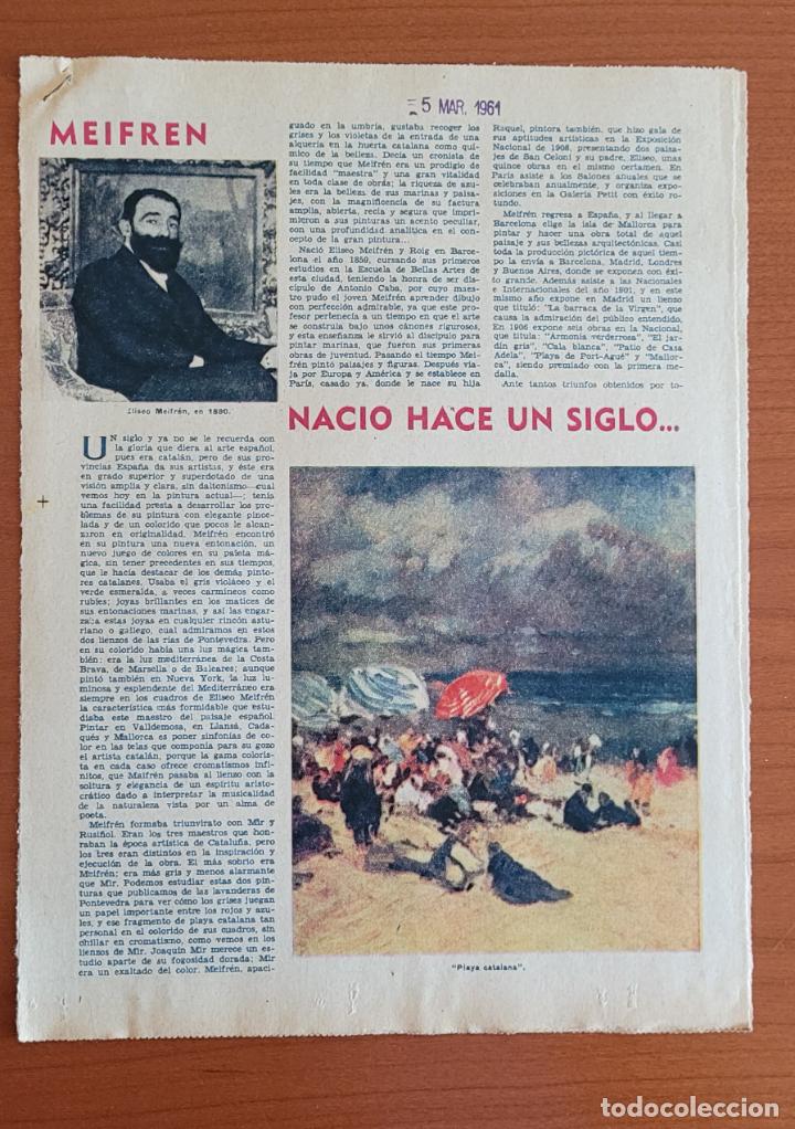 Coleccionismo de Revistas y Peri&oacute;dicos: Recortes ABC 5-3-61 Eliseo Meifren. Centenario de su nacimiento