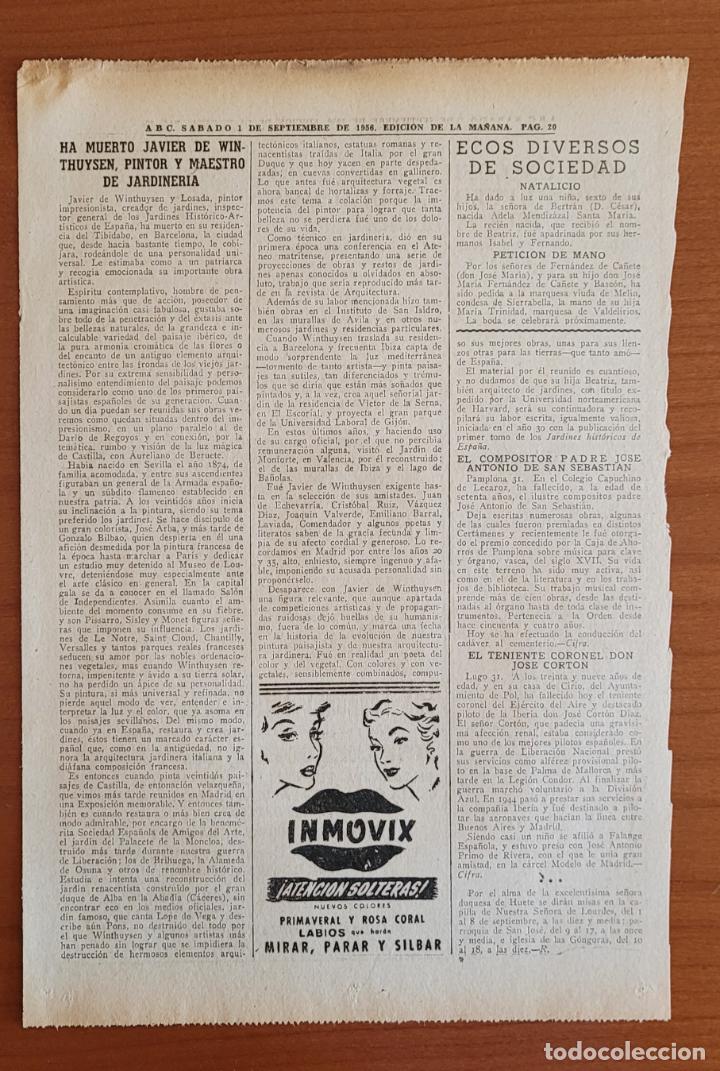 Coleccionismo de Revistas y Peri&oacute;dicos: Recorte ABC 1-9-56 Fallecimiento de Javier de Winthysen pintor y maestro de jardiner&iacute;a