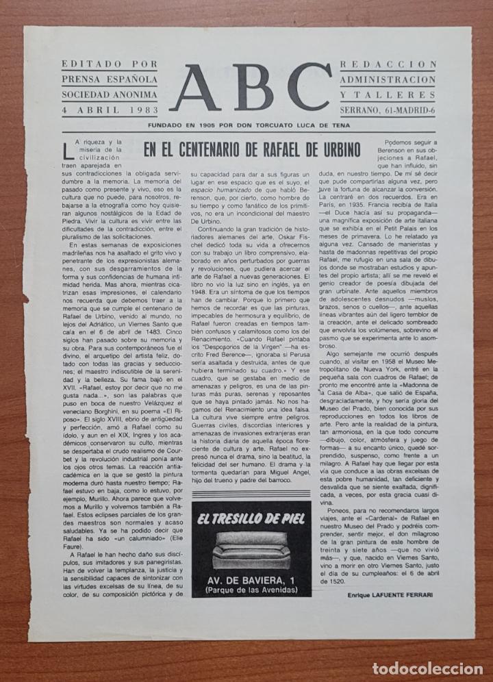Coleccionismo de Revistas y Peri&oacute;dicos: Recorte ABC 4-4-83 Centenario de Rafael Urbino. Perell&oacute;n no falsific&oacute; a Dal&iacute;
