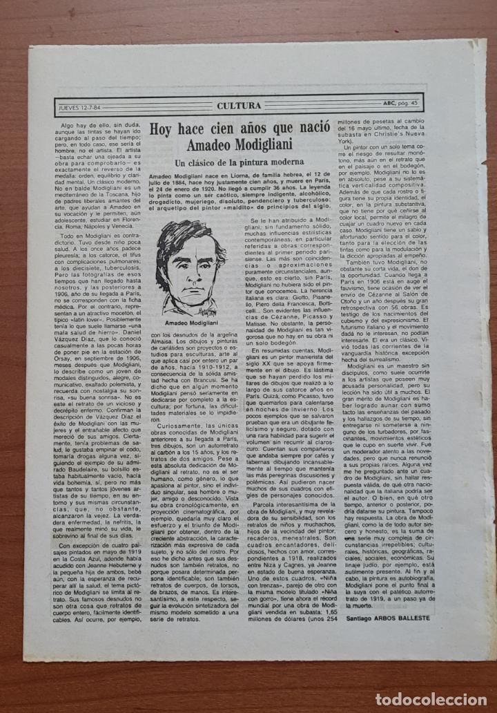 Coleccionismo de Revistas y Peri&oacute;dicos: Recorte ABC 12-7-84 Cien a&ntilde;os del nacimiento de Amadeo Modigliani