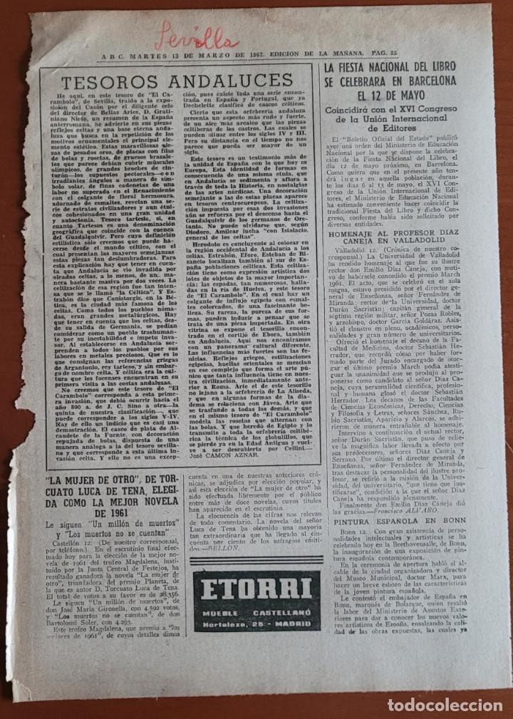 Coleccionismo de Revistas y Peri&oacute;dicos: Recorte ABC 13-5-62 Tesoro de &rdquo;El Carambolo&rdquo;