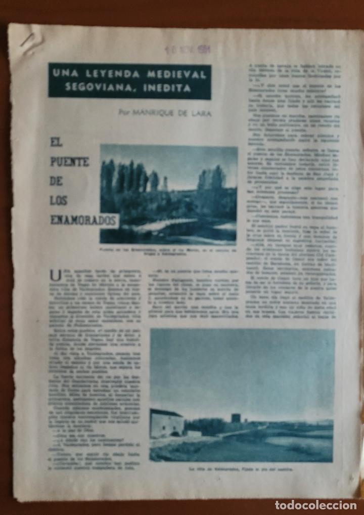 Coleccionismo de Revistas y Peri&oacute;dicos: Recortes ABC 18-11-61 El puente de los enamorados. Valdeprados. R&iacute;o Moro. Segovia