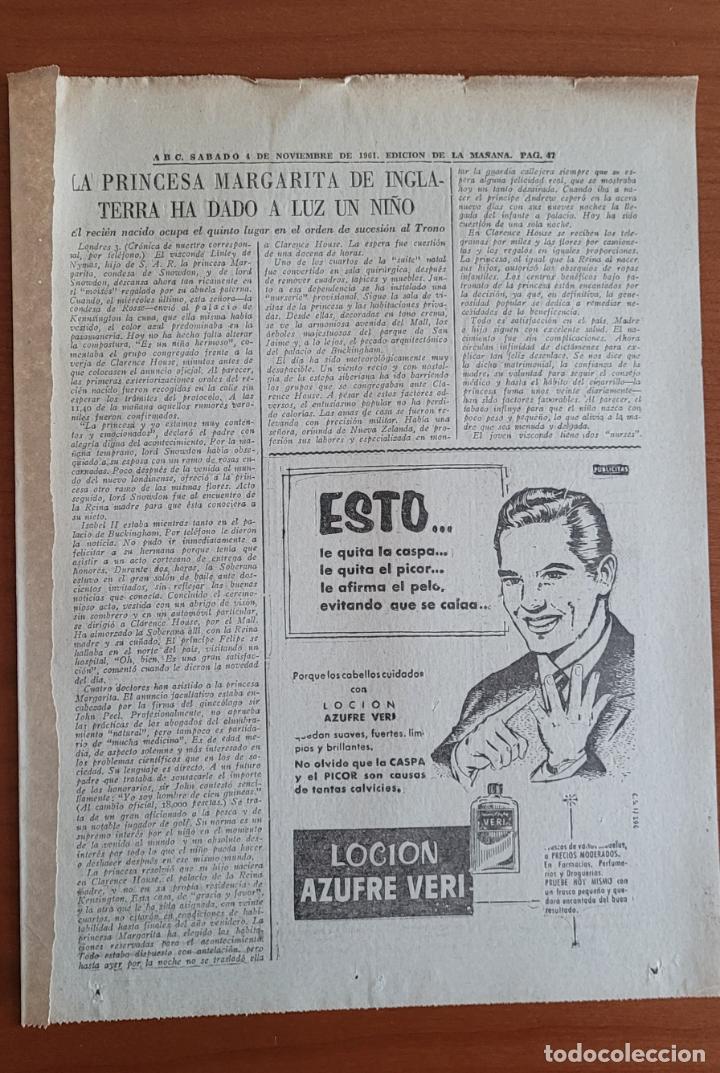 Coleccionismo de Revistas y Peri&oacute;dicos: Recorte ABC 4-11-61 La princesa Margarita de Inglaterra ha tenido un hijo