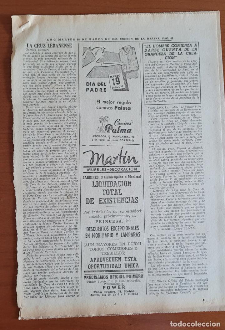 Coleccionismo de Revistas y Peri&oacute;dicos: Recortes ABC 18-3-58 La cruz Lebanense. Santo Toribio de L&iacute;ebana. Santander. Cantabria