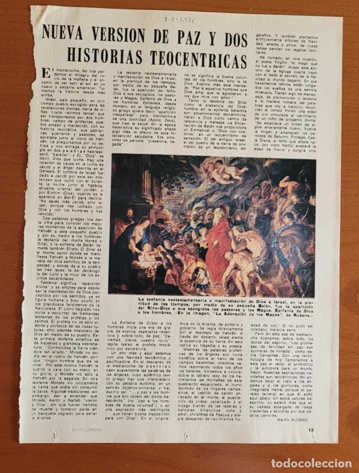 Coleccionismo de Revistas y Peri&oacute;dicos: Recorte ABC 1-1-73 Nueva versi&oacute;n de paz y dos historias teoc&eacute;ntricas. Teofan&iacute;a