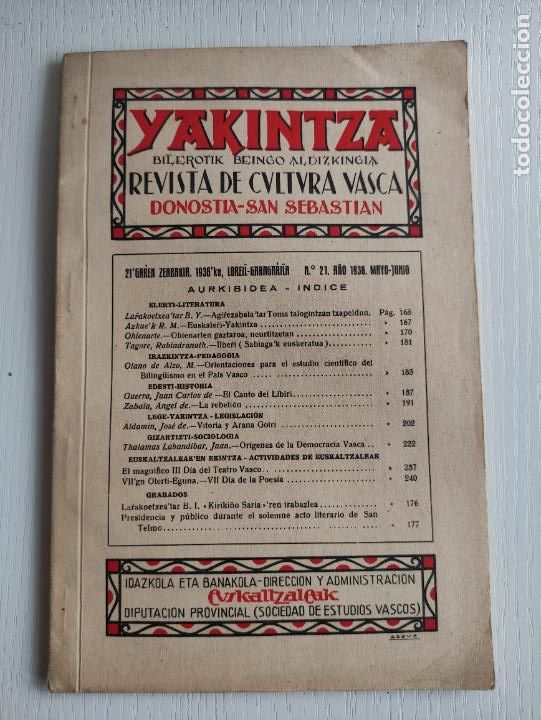 Coleccionismo de Revistas y Peri&oacute;dicos: Yakintza bilerotik beingo aldizkingia revista de cultura vasca - 1936 N&ordm; 21 - 77p - 24x16