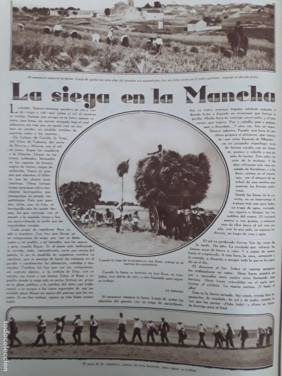 Colecionismo de Revistas e Jornais: LA SIEGA EN LA MANCHA SEGADORES ESPIGADORAS GABILLAS 2 HOJAS A&Ntilde;O 1929