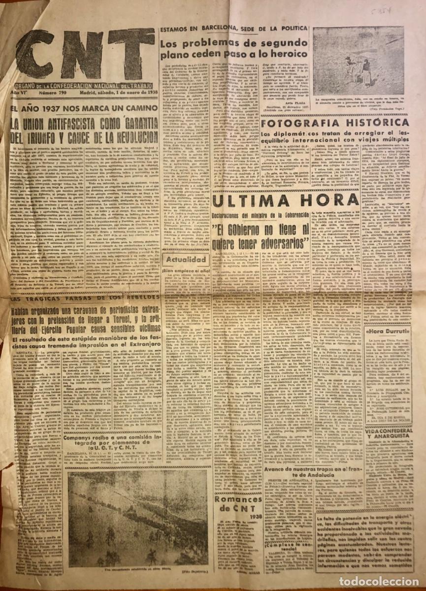 Coleccionismo de Revistas y Peri&oacute;dicos: GUERRA CIVIL- CNT- PERIODICO ANTIFASCISTA- 1 ENERO 1938- MADRID- ESCASO