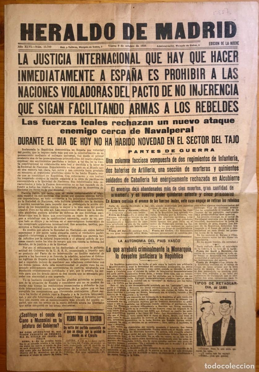 Coleccionismo de Revistas y Peri&oacute;dicos: GUERRA CIVIL- HERALDO DE MADRID- PERIODICO- 9 OCTUBRE- 1936 ESCASO