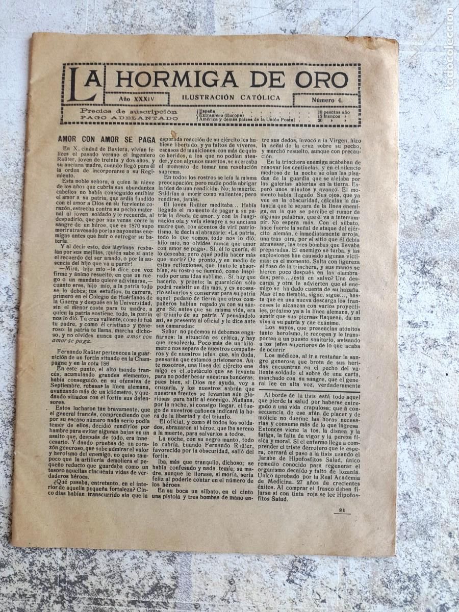 Coleccionismo de revistas y peri&oacute;dicos: 1914/18 ca. LA HORMIGA DE ORO ILUSTRACI&Oacute;N CAT&Oacute;LICA A&Ntilde;O XXXIV N&ordm;4 AMOR CON AMOR SE PAGA, ETC.