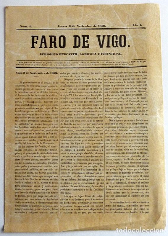 Coleccionismo de revistas y peri&oacute;dicos: FARO DE VIGO - FACSIMIL DEL N&ordm; 1 - 3 NOVIEMBRE 1853 - CUATRO P&Aacute;GINAS - 21,8 x 31,2 CM