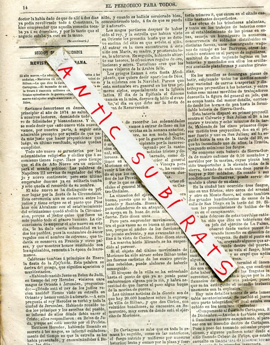 Coleccionismo de Revistas y Peri&oacute;dicos: PERIODICO A&Ntilde;O 1874 TERCERA GUERRA CARLISTA EN MORIONES EN CASTRO URDIALES LAREDO SANTO&Ntilde;A CARTAGENA