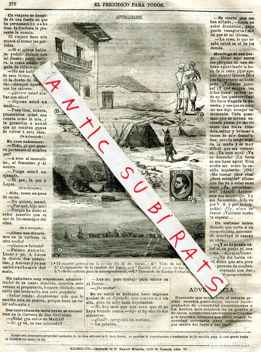 Coleccionismo de Revistas y Peri&oacute;dicos: PERIODICO A&Ntilde;O 1874 TERCERA GUERRA CARLISTA CAMPAMENTO DEL JANEO ARENILLA CASTRO URDIALES LIVINGSTONE