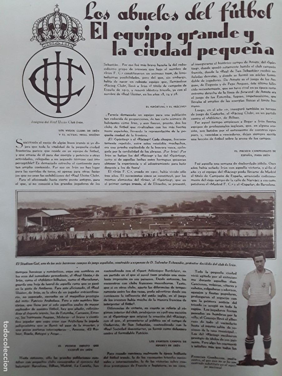Coleccionismo de revistas y peri&oacute;dicos: REAL UNION CLUB IRUN EQUIPO FUTBOL GAMBORENA ERRAZQUIN RENE PETIT 2 HOJAS A&Ntilde;O 1929