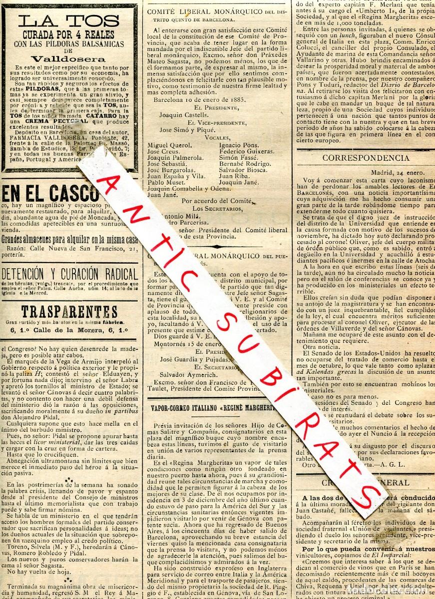Collection Magazines and Newspapers: DIARIO A&Ntilde;O 1885 COMITE LIBERAL MONARQUICO DE MONTORNES