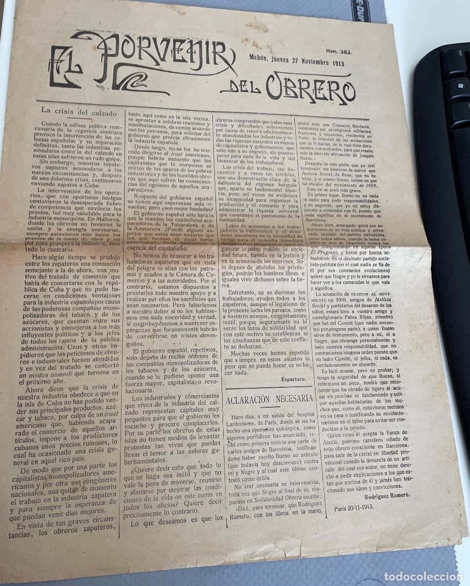 Coleccionismo de Revistas y Peri&oacute;dicos: ANTIGUO PERI&Oacute;DICO -EL PORVENIR DEL OBRERO-ANARQUISMO. MAHON A&Ntilde;O 1913 N&Uacute;M. 383 @