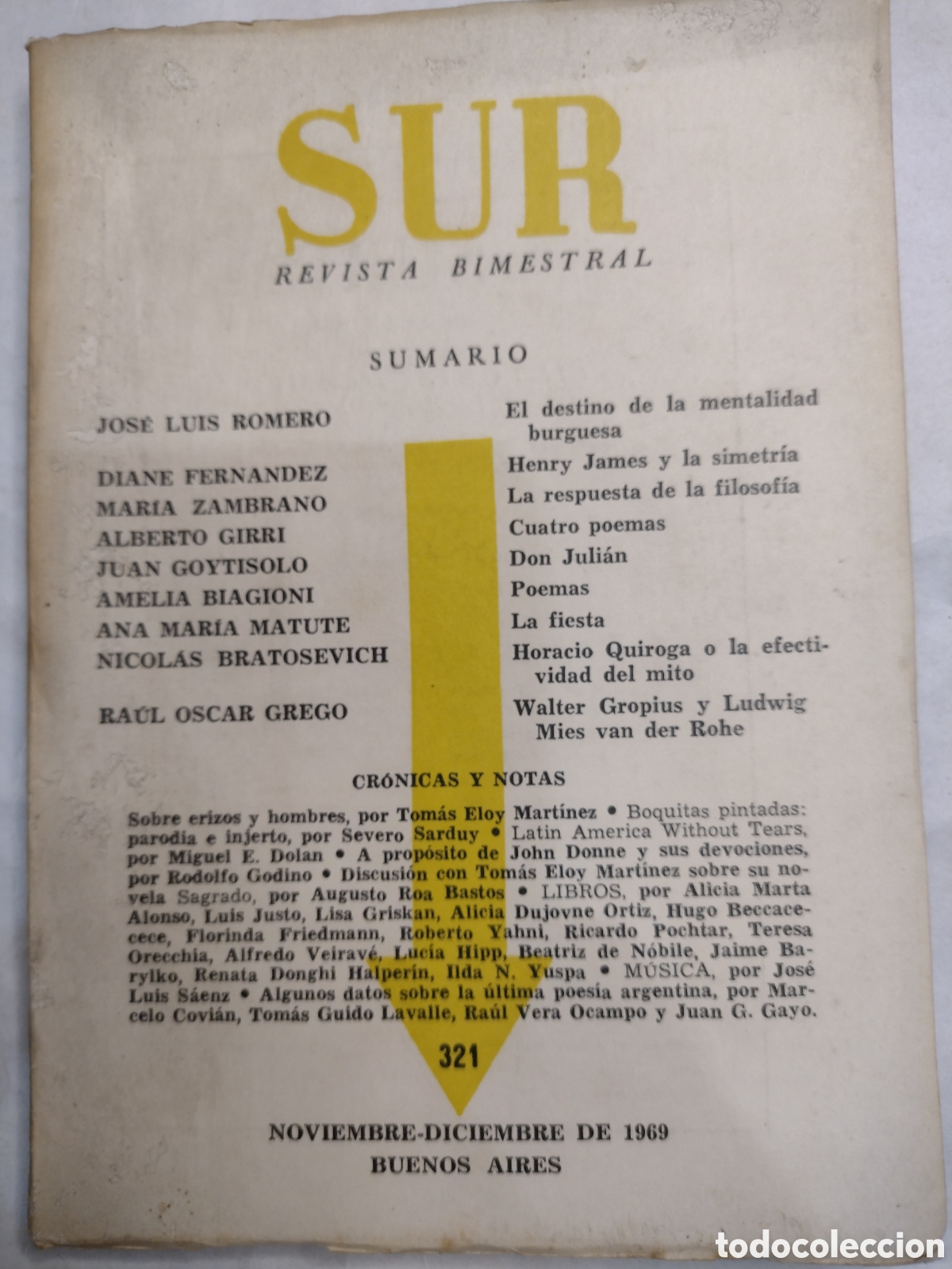 Coleccionismo de Revistas y Peri&oacute;dicos: Revista Sur 321 Nov Dic 1969. Mar&iacute;a Zambrano, Francisco Romero, Amelia Biagioni