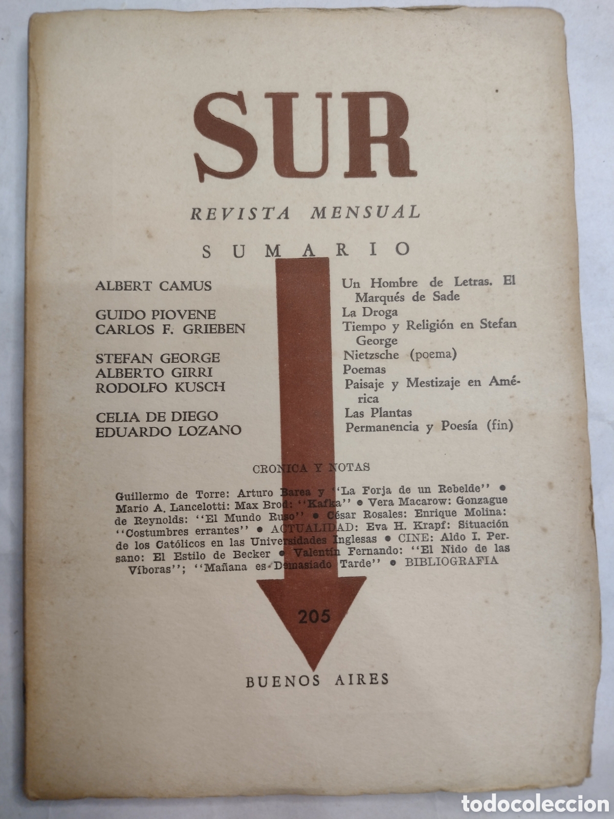 Coleccionismo de Revistas y Peri&oacute;dicos: Revista Sur 205 . Noviembre 1951. Albert Camus, Guido Piovene, Guillermo de Torre sobre La Forja