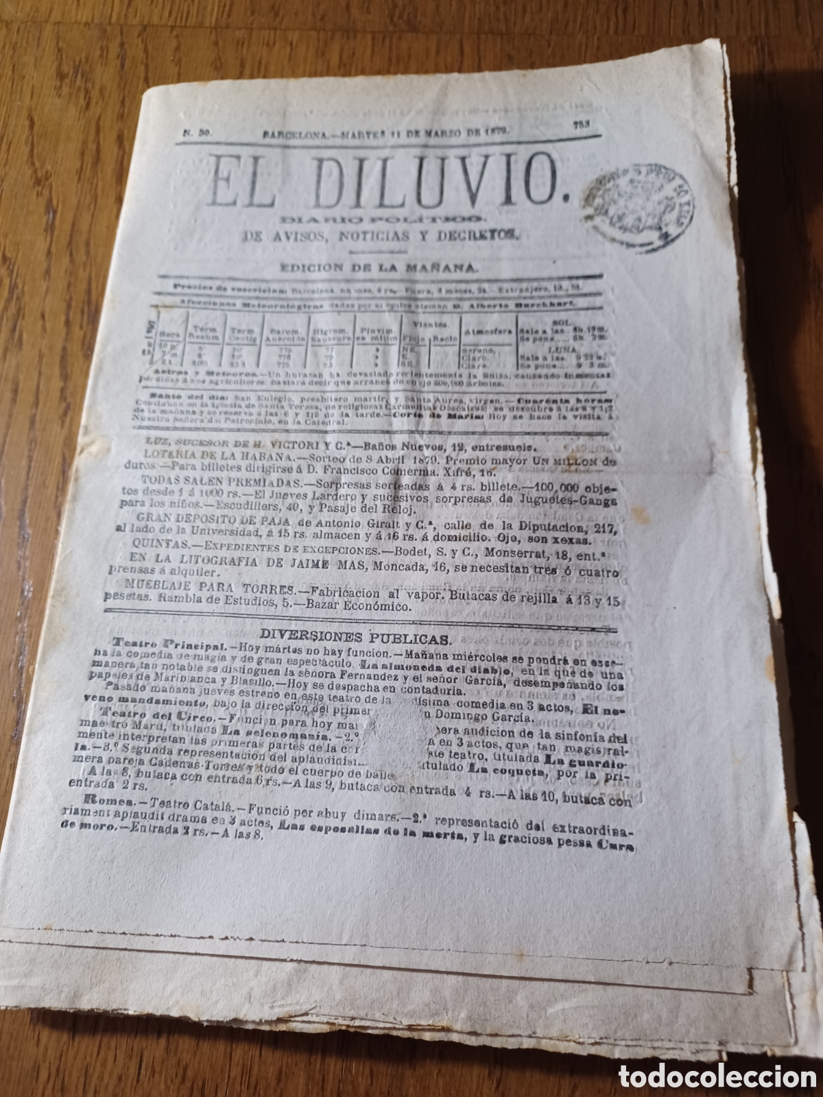 Colecionismo de Revistas e Jornais: EL DILUVIO 1879.CRONICAS REUS BISBAL PENEDES TARREGA MAHON MALLORCA AREVALO VALORIA LA BUENA