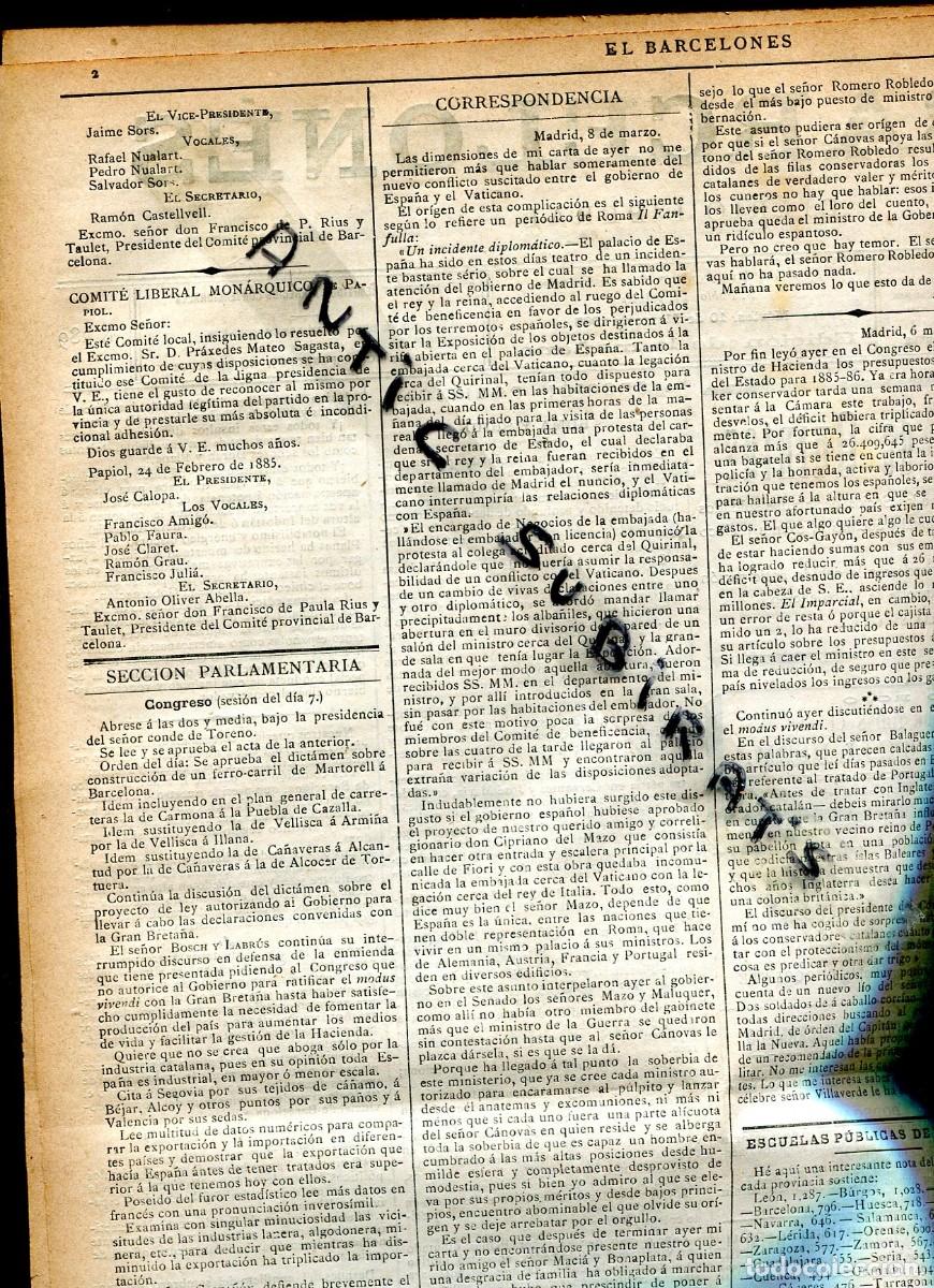 Collezionismo di Riviste e Giornali: DIARIO A&Ntilde;O 1885 COMITE LIBERAL MONARQUICO DEL PAPIOL DE PALAU SOLITA I PLEGAMANS