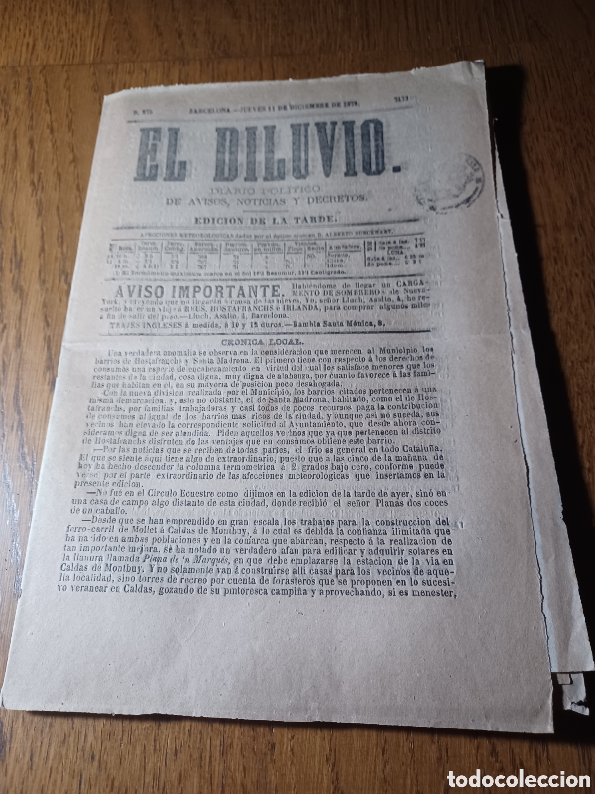 Coleccionismo de Revistas y Peri&oacute;dicos: PERI&Oacute;DICO 1879. AMPURDAN FILOXERA ENTRE FIGUERAS Y PONT MOLINS. PUEBLO DE BEGAS SIN CORREOS. TUDELA