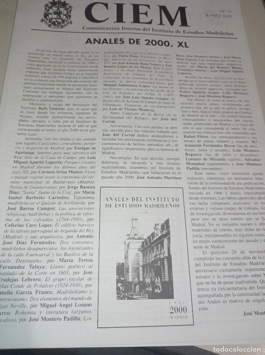 Coleccionismo de revistas y peri&oacute;dicos: REVISTA CIEM, ( INSTITUTO ESTUDIOS MADRILE&Ntilde;OS) N&ordm; 11, JUNIO 2001 REF. UR MES 10