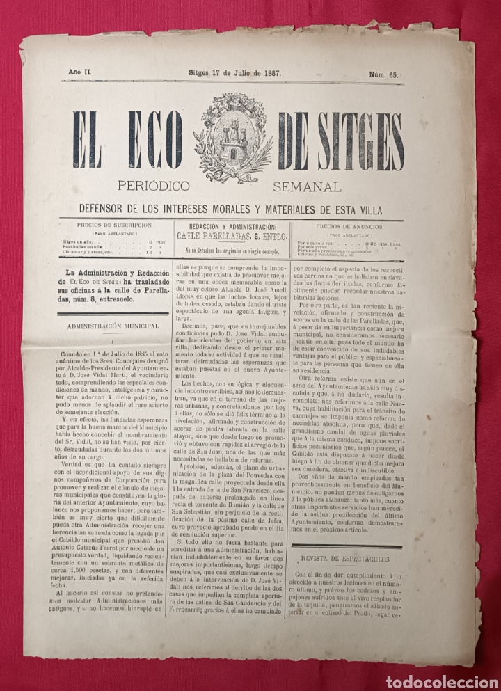 Collection Magazines and Newspapers: EL ECO DE SITGES NUM.65 / 17 JULIO 1887. REVISTA SEMANAL