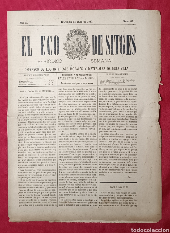 Sammeln von Zeitschriften und Zeitungen: EL ECO DE SITGES NUM.66 / 24 JULIO 1887. REVISTA SEMANAL