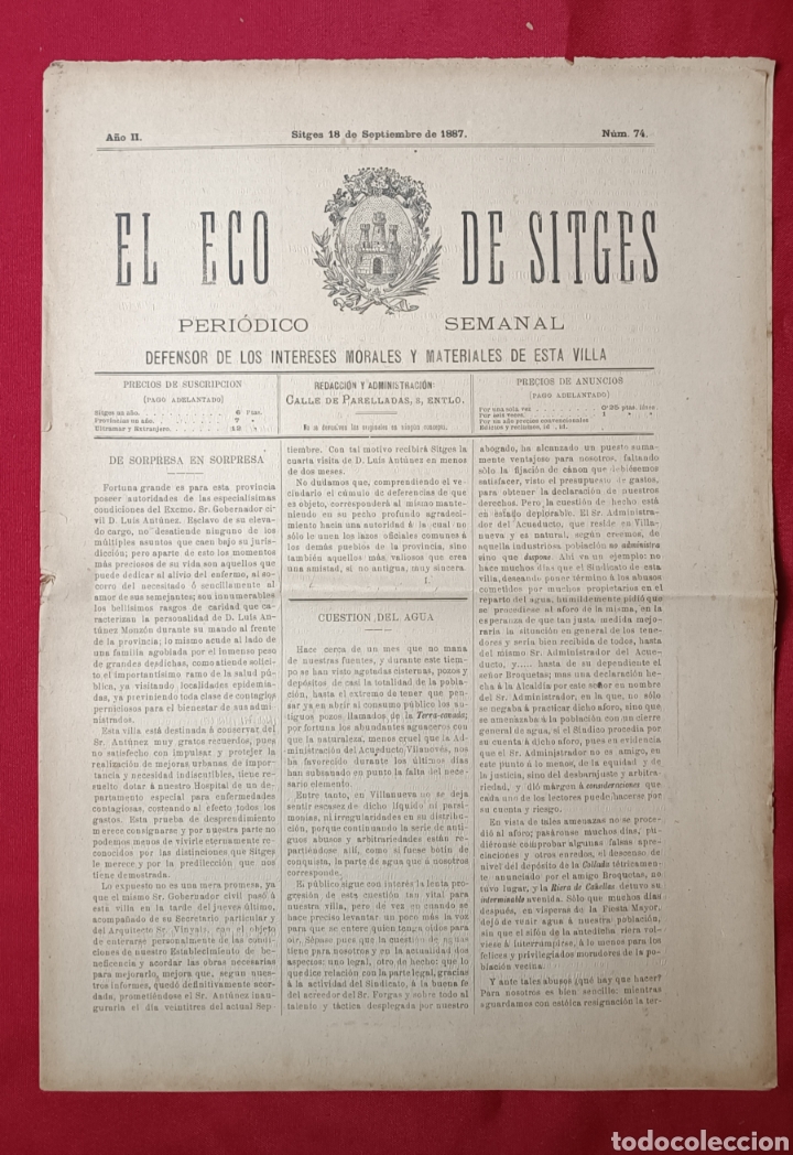 Sammeln von Zeitschriften und Zeitungen: EL ECO DE SITGES NUM.74 / 18 SEPTIEMBRE 1887. REVISTA SEMANAL