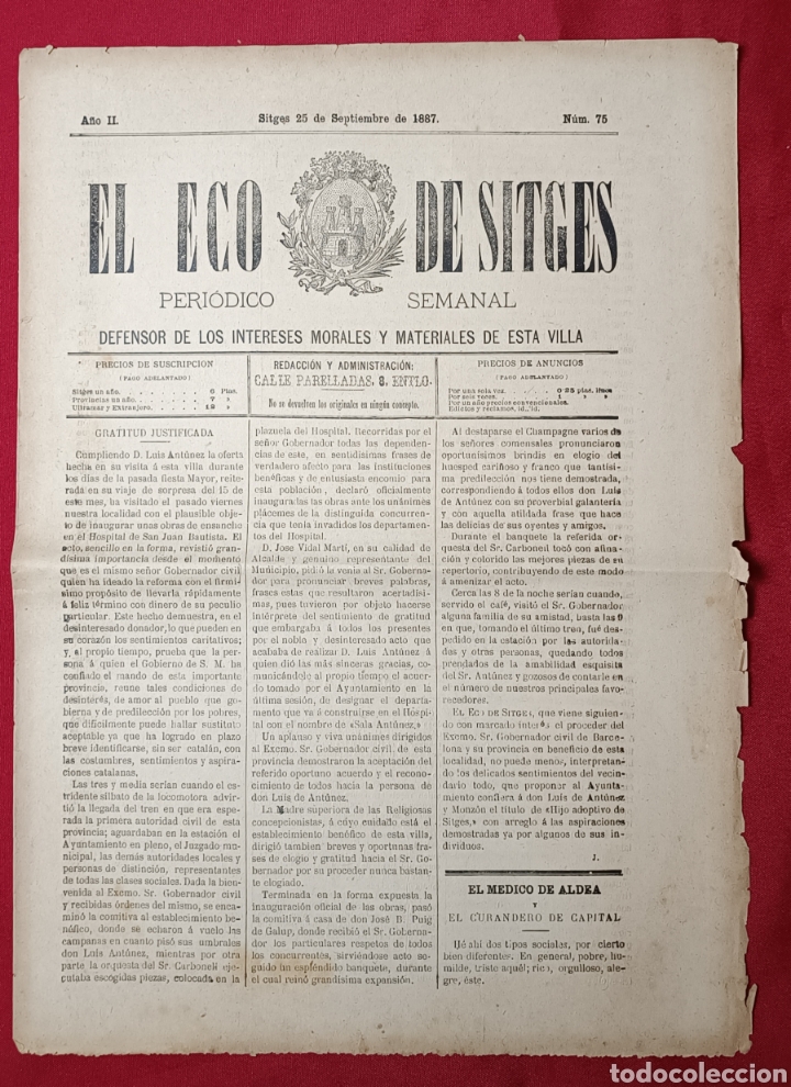 Sammeln von Zeitschriften und Zeitungen: EL ECO DE SITGES NUM.75 / 25 SEPTIEMBRE 1887. REVISTA SEMANAL