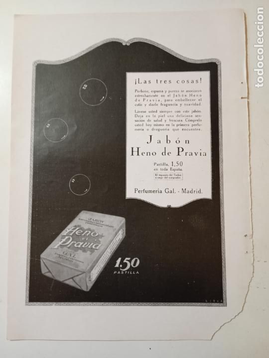 Coleccionismo de revistas y peri&oacute;dicos: JABON HENO DE PRAVIA - PUBLICIDAD EN HOJA SUELTA DE ANTIGUA REVISTA - 25 X 18 cm.