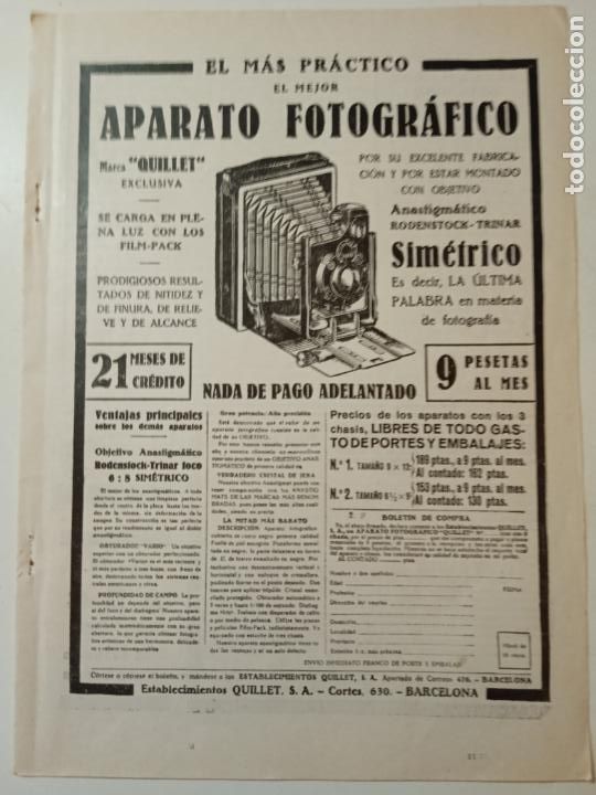 Collezionismo di Riviste e Giornali: APARATO FOTOGRAFICO QUILLET - PUBLICIDAD EN HOJA SUELTA DE ANTIGUA REVISTA - 25 X 18 cm.