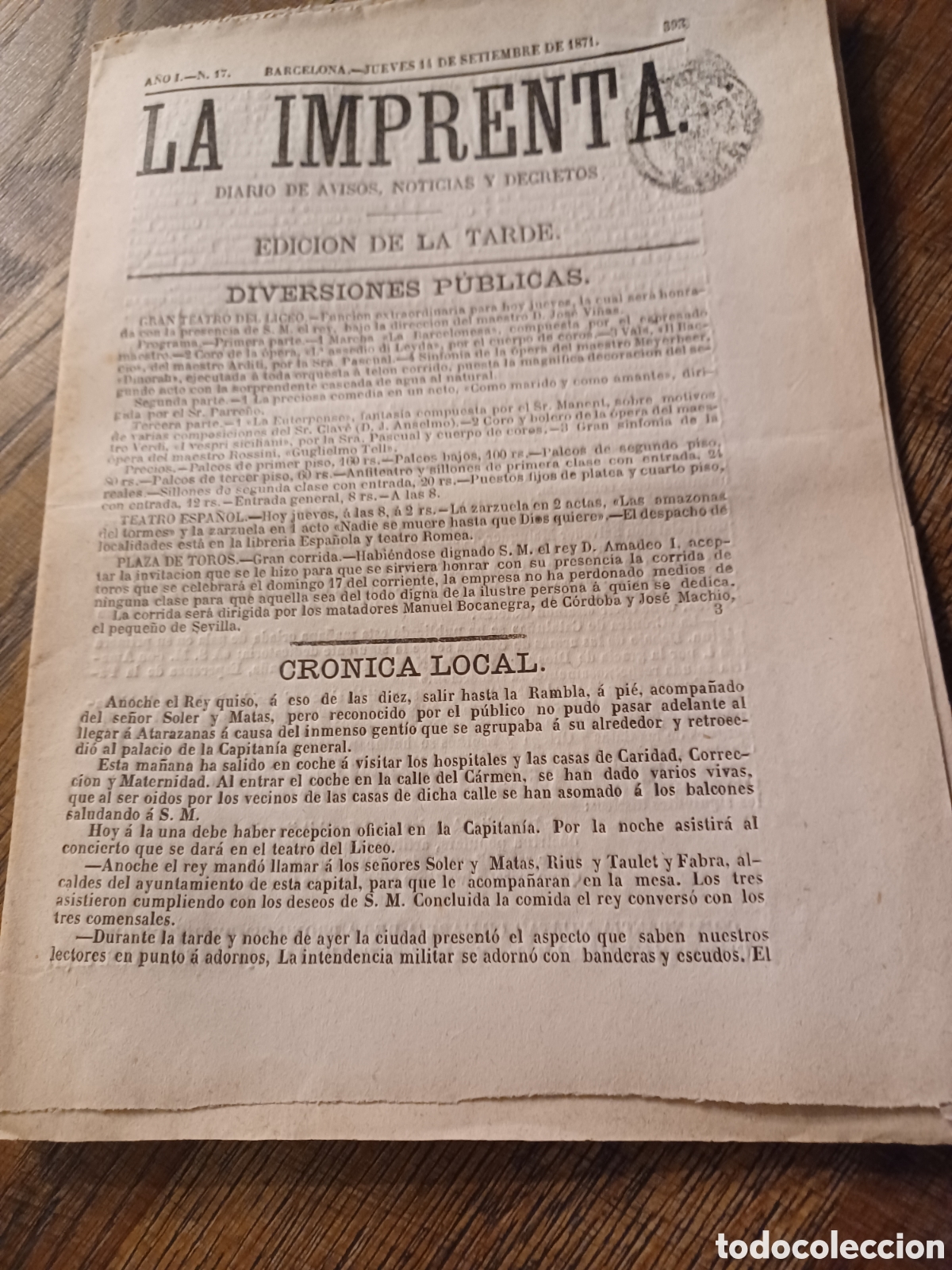 Coleccionismo de Revistas y Peri&oacute;dicos: PERI&Oacute;DICO 1871. CR&Oacute;NICA DE LA VISITA DE S.M EL REY AMADEO I A BARCELONA.