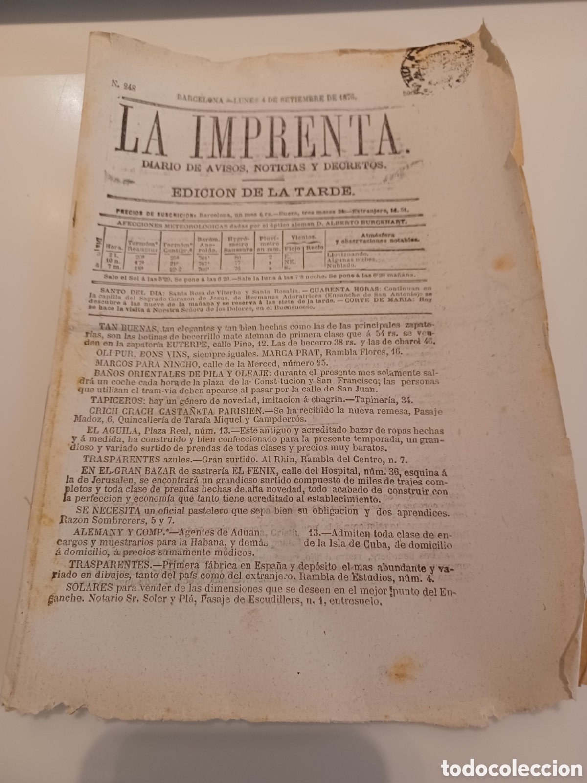 Coleccionismo de revistas y peri&oacute;dicos: PERI&Oacute;DICO 1876 CURA DE SAN GINES DE HORTA NIEGA SEPULTURA A ESPIRITISTA.FIESTAS D PUENTE DE VILOMARA