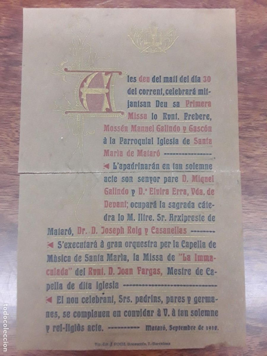 Colecionismo de Revistas e Jornais: PRIMERA MISSA MOSSEN MANUEL A LA PARROQUIA IGLESIA DE SANTA MARIA DE MATARO ANY 1910